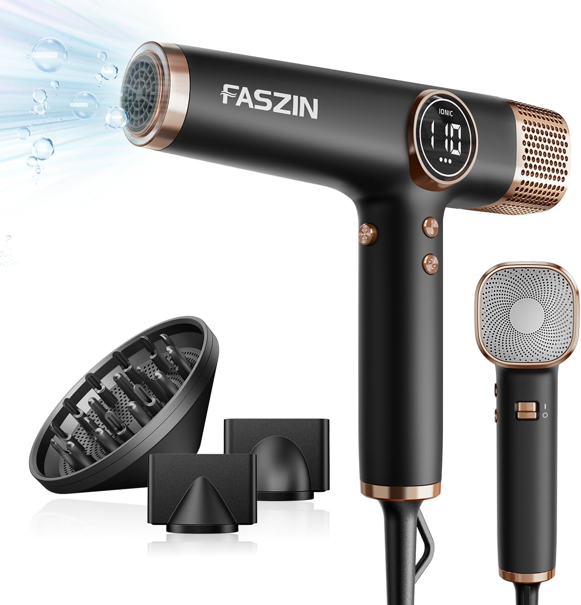 Faszin Hair Dryer, Lightweight Blow Dryer with 110,000 RPM High-Speed for Fast Drying, 200 Million Ionic Hairdryer with Auto-Clean, Low Noise, 3 Magnetic Nozzles for Travel, Salon, Home - Pink