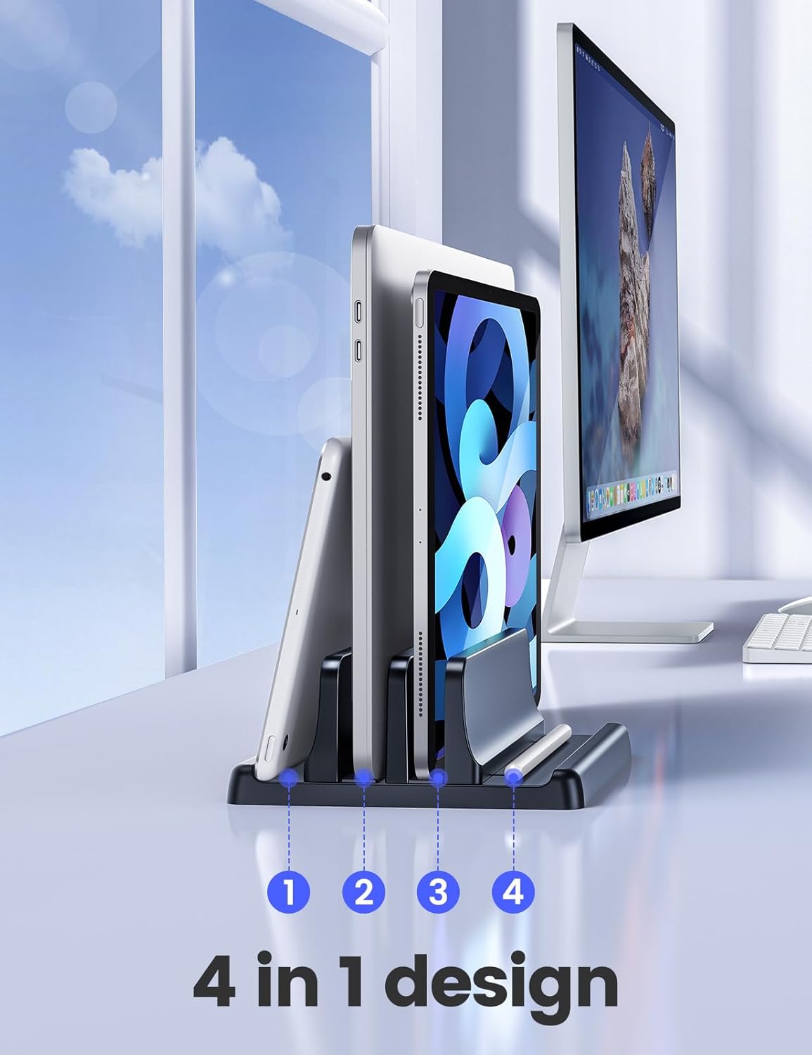 VAYDEER Vertical Laptop Stand for Desk – Dual Slot Adjustable Laptop Holder, Space-Saving 4-in-1 Desk Organizer for MacBook, Chromebook, Surface, Dell (Black) - PuriLite