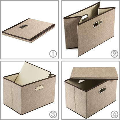 PRANDOM Large Foldable Storage Bin with Lid [1-Pack] Linen Fabric Decorative Storage Box Organizer Containers Basket Cube with Handles Divider for Bedroom Closet Office Living Room (17.7x11.8x11.8")