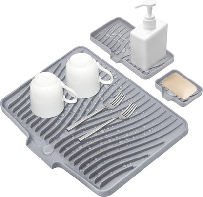 TIKNIK Silicone Dish Drying Mat for Kitchen Counter, Dish Drying Pad, Non-Slip Drain Pad with Built-in Drain, Heat Resistant Stone Drying Mat(40 L x 33 W cm, Grey)