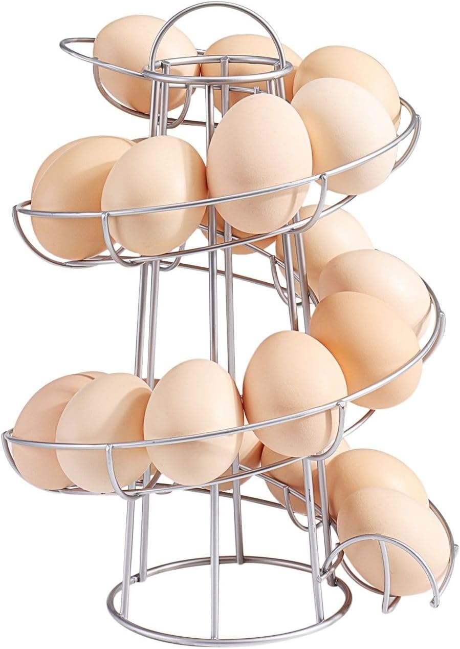 Flexzion Spiral Egg Skelter – Modern Countertop Egg Holder and Dispenser, Freestanding Wired Storage Rack for Fresh Eggs, Tower Display Stand, Silver, Holds Up to 20 Eggs - PuriLite