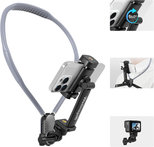 Upgraded Neck Phone Holder with Anti-Shake Strap - 65cm Adjustable POV/Vlog Phone Mount w Phone Clip for Hands-Free Recording – Universal for iPhone, Samsung Google Pixel All Smartphones