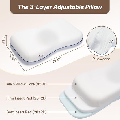 Cervical Neck Pillow for Neck & Shoulder Support, Adjustable Memory Foam Pillow with Customizable Height and Firmness, Ergonomic Pillow for Side, Back, Stomach and Combination Sleepers, White