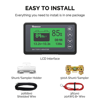 Renogy 500A Battery Monitor, High and Low Voltage Programmable Alarm, Voltage Range 10V-120V and up to 500A, Compatible with 12V Lithium Sealed, Gel, Flooded Batteries