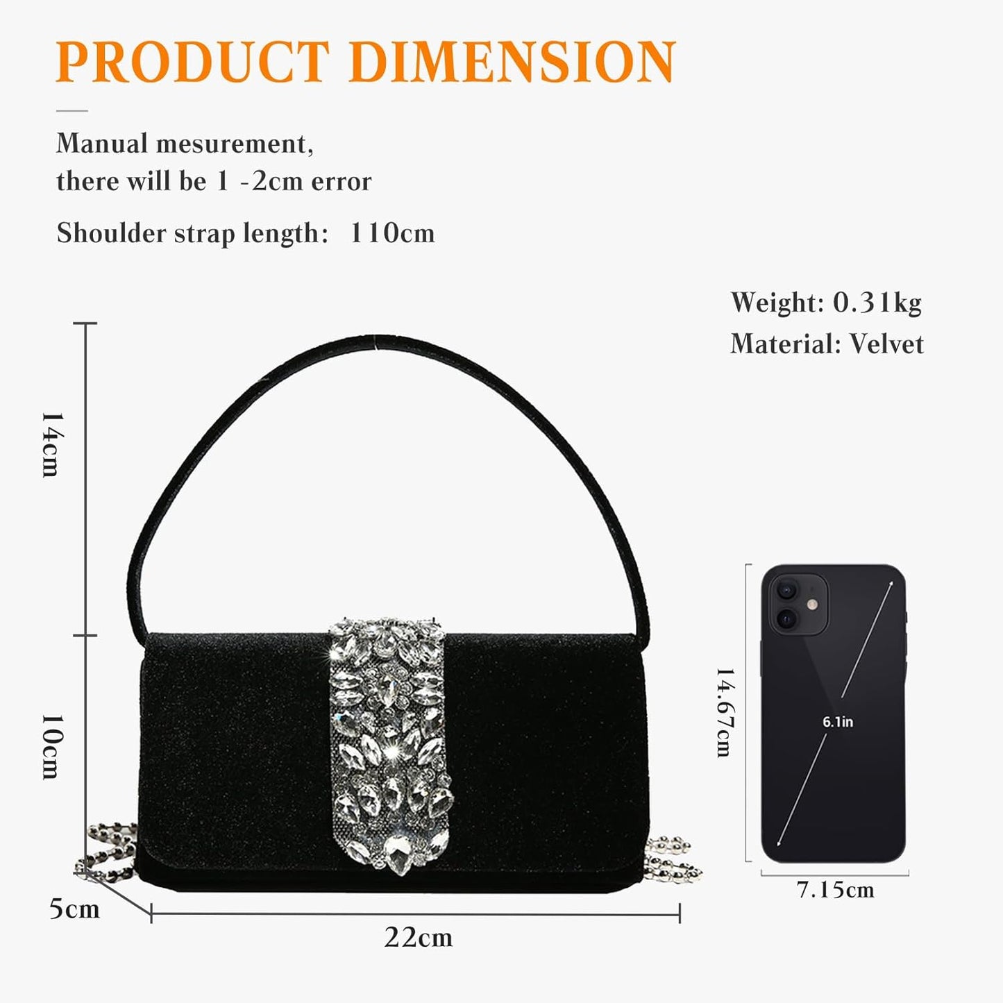 CORIOS Evening Bag for Women Rhinestone Clutch Bag Sparkly Crystal Handbag Bridal Wedding Purse Glitter Shoulder Bag