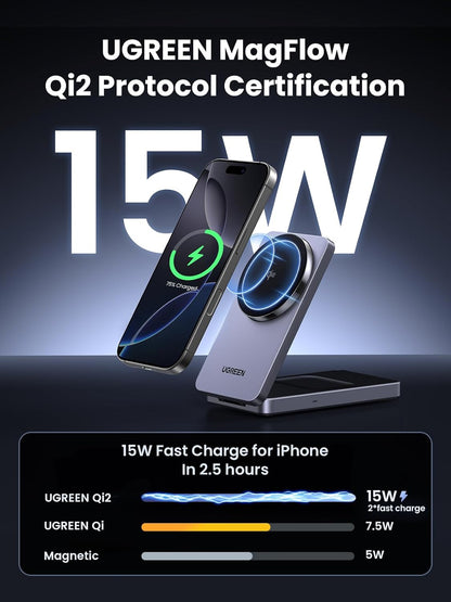UGREEN Qi2 15W 2 in 1 Wireless Charging Station Magsafe Qi2 Certified Foldable Fast Charger Stand Compatible with iPhone16 iPhone 15-12 Series, AirPods Pro/2/3/4, Portable Travel Dock (No Adapter)