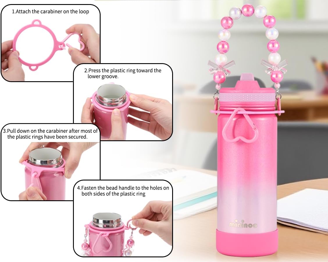 Mininoo 16 oz Ceramic-Lined Kids Water Bottle- Stainless Steel Insulated Water Bottle Kids with Leakproof Straw Lid for Girls & Boys