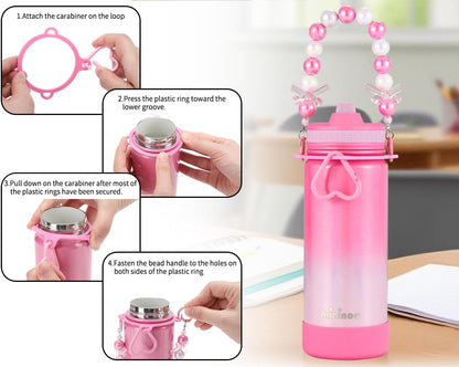 Mininoo 16 oz Ceramic-Lined Kids Water Bottle- Stainless Steel Insulated Water Bottle Kids with Leakproof Straw Lid for Girls & Boys
