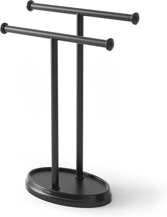 Umbra Palm Double Hand Towel Tree, Brushed Nickel 2 Towels Holder and Accessories Stand for Bathroom Vanities - Slim, Modern, Durable Bars with Base Serves as a Jewelry Tray for Rings