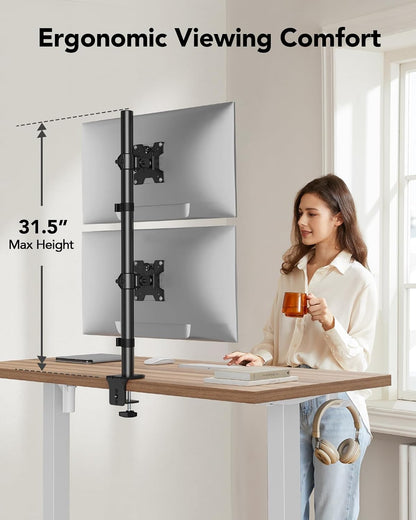 HUANUO Vertical Dual Monitor Mount for 17–32 Inch Screens, 17.6 lbs Capacity Each, Extra Tall Stacked Monitor Stand with Height Adjustment and C-Clamp,Gaming Monitor Arm