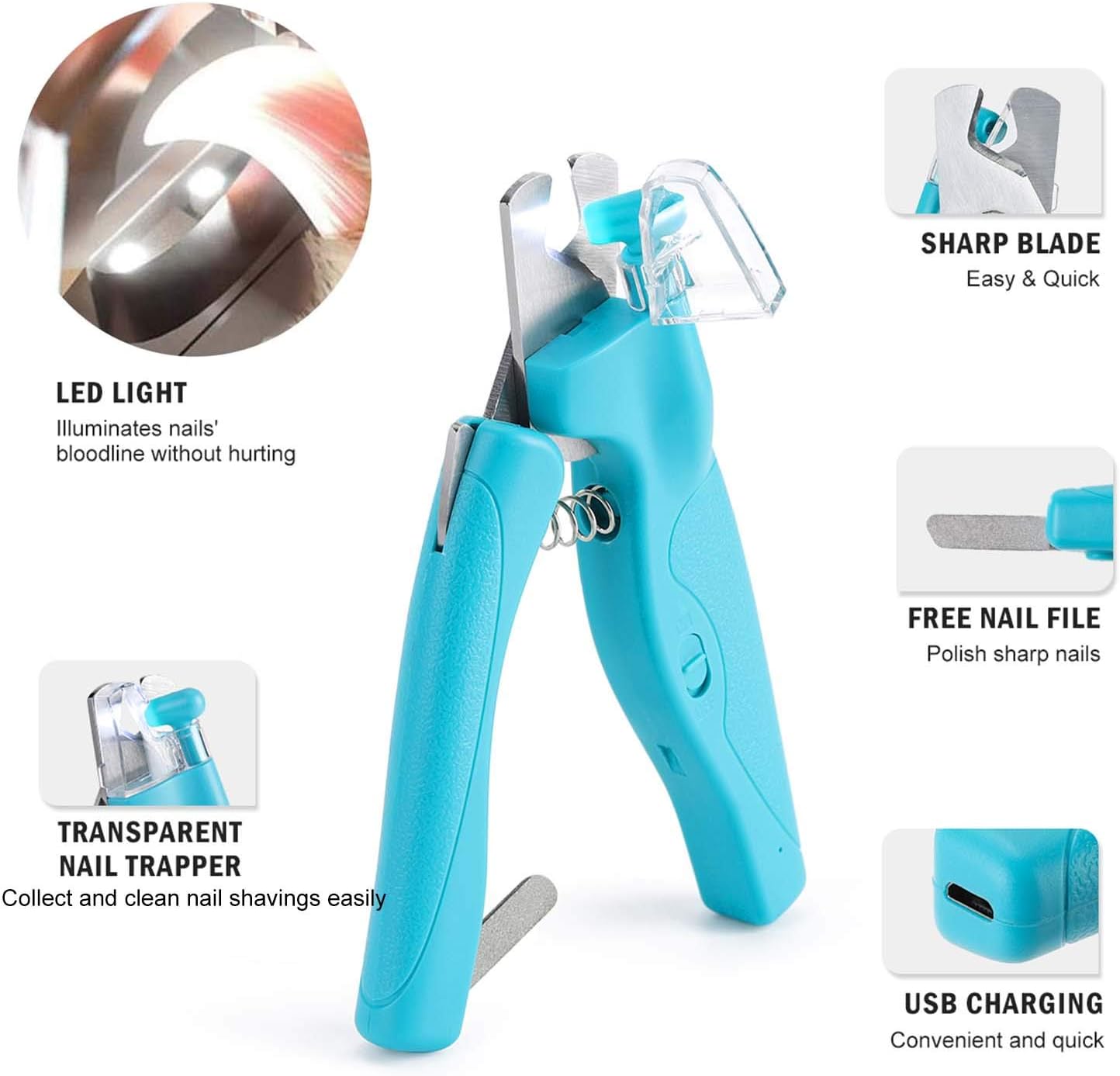 Pet Nail Clipper with LED Light for Dogs & Cats, Rechargeable Nails & Claws Trimmer Grooming, Safe Professional Trimming Tool with Nail Trapper & Free Nail File, Quick-Sensor Razor Sharp Blades