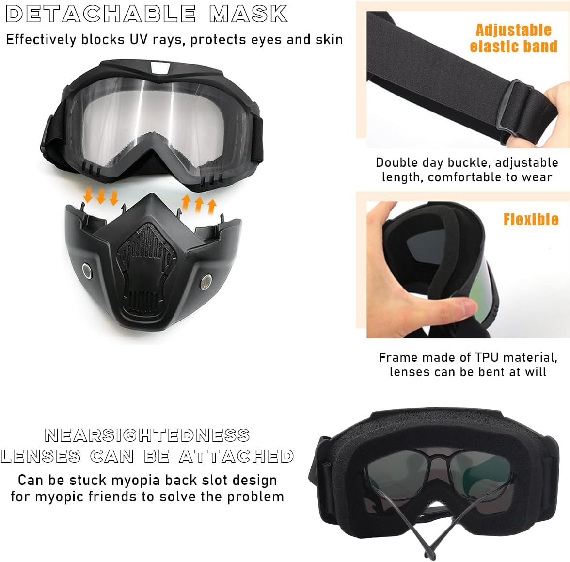 povtii Motorcycle Goggles, Windproof Dirt Bike Helmet Riding Goggles with Removable Face Mask, Motorcycle Accessories