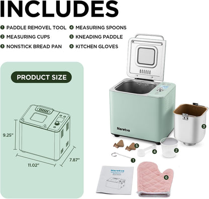 Neretva Bread Maker, 20-in-1 2LB Bread Machine Dual Heater & Nonstick Ceramic Pan Bread Makers Machine All Metal Compact for Gluten Free/Dough Maker/Meat Floss/Jam/Yogurt/Breadmaker Recipe-Light Green