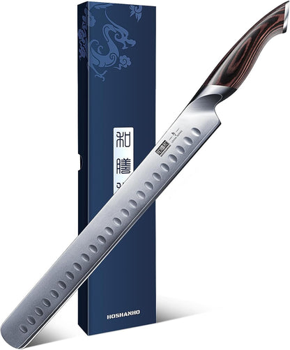 HOSHANHO Carving Knife 12 Inch, Japanese High Carbon Steel Slicing Knife with Ergonomic Pakkawood Handle, Razor Sharp Brisket Knife for Meat Cutting, BBQ, Turkey