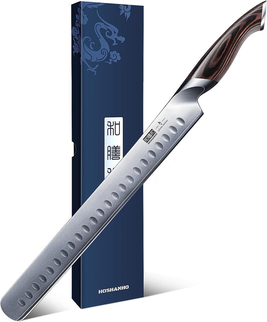 HOSHANHO Carving Knife 12 Inch, Japanese High Carbon Steel Slicing Knife with Ergonomic Pakkawood Handle, Razor Sharp Brisket Knife for Meat Cutting, BBQ, Turkey