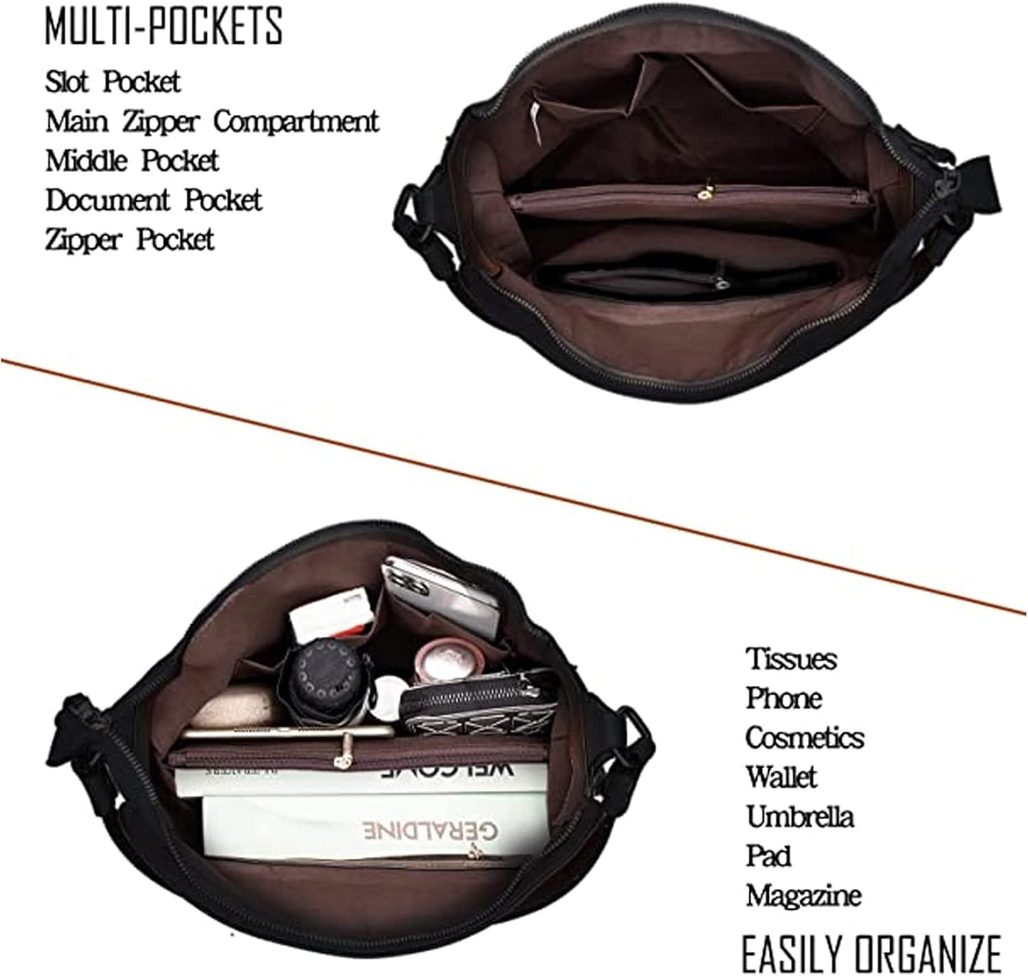 Hobo Bags for Women Handbags Purse Ladies Boho Shoulder Bag Crossbody Purses PU Leather Brown 2PCS