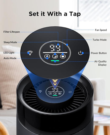 MSB5 Air Purifiers for Bedroom, H13 True HEPA Air Purifier for Home Room Office, 20dB Quiet Air Cleaner with Sleep Mode Colorful Night Light for Pets Dander, Smoke, Dust, Mold, Hair Smell, Allergies