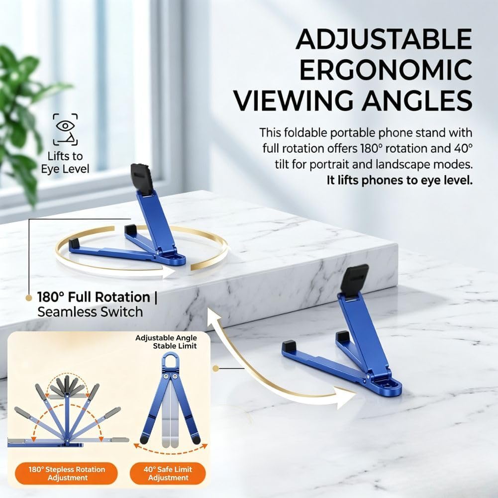 Portable Mini Aluminum Phone Stand, Ultra-Compact Foldable Holder，7PC Mixed Universal Phone Stand with Solid Alloy Body, Built-in Keychain Hook, Fully Adjustable Desktop Support Design for Most Phones