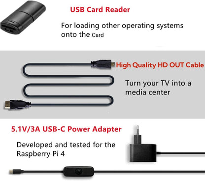 Vemico Raspberry Pi 4 4GB Kit Raspberry pi 4 Model B Starter Kit with 32GB Card 3 Copper Heat Sink 2 HD Out Cable 5V 3A Power Supply ABS Case Cooling Fan Reading Card Device Screwdriver
