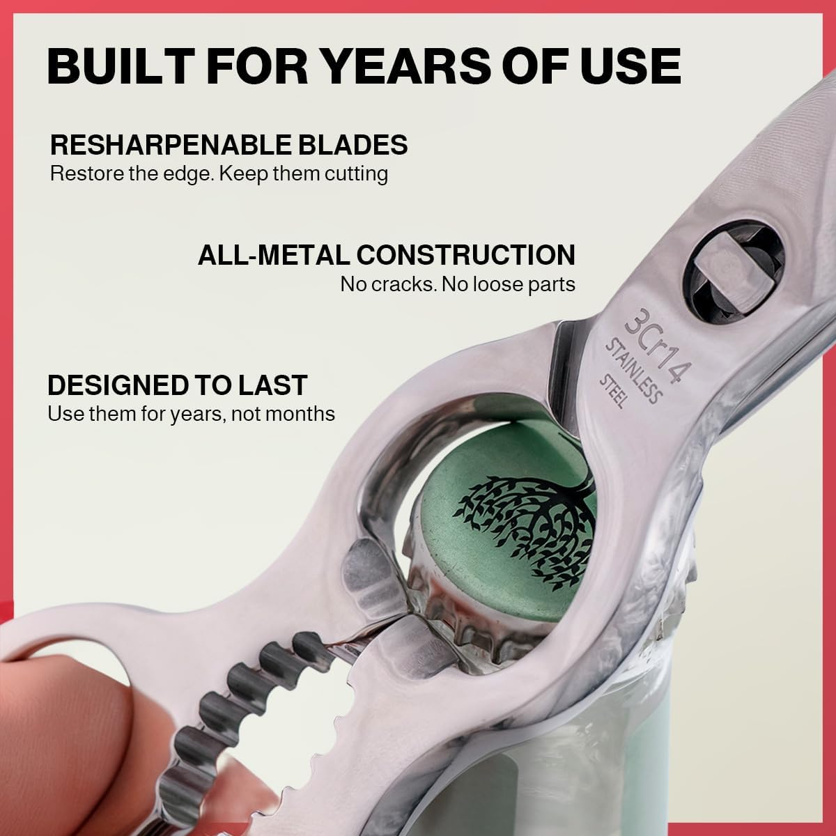 Kitchen Scissors – All Steel, Come-Apart, Dishwasher Safe | Heavy-duty 3Cr14 steel shears. Serrated edge cuts poultry, herbs & seafood. 5-in-1 multi-tool. Opens bottles & cans.