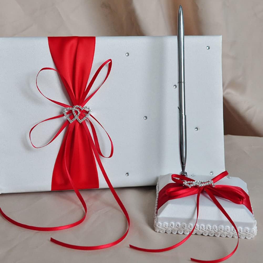 Gigicloud Wedding Guest Book Set, Ribbon Bow Wedding Guest Signature Book with Pen Holder Bowknot Wedding Memory Book Wedding Registry Guestbook for Baby Bridal Shower Wedding Party