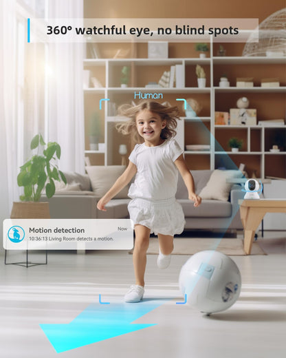 blurams Security Camera, 2K Indoor Camera 360-degree Pet Camera for Home Security w/ Motion Tracking, Phone App, 2-Way Audio, IR Night Vision, Siren, Works with Alexa & Google Assistant,White