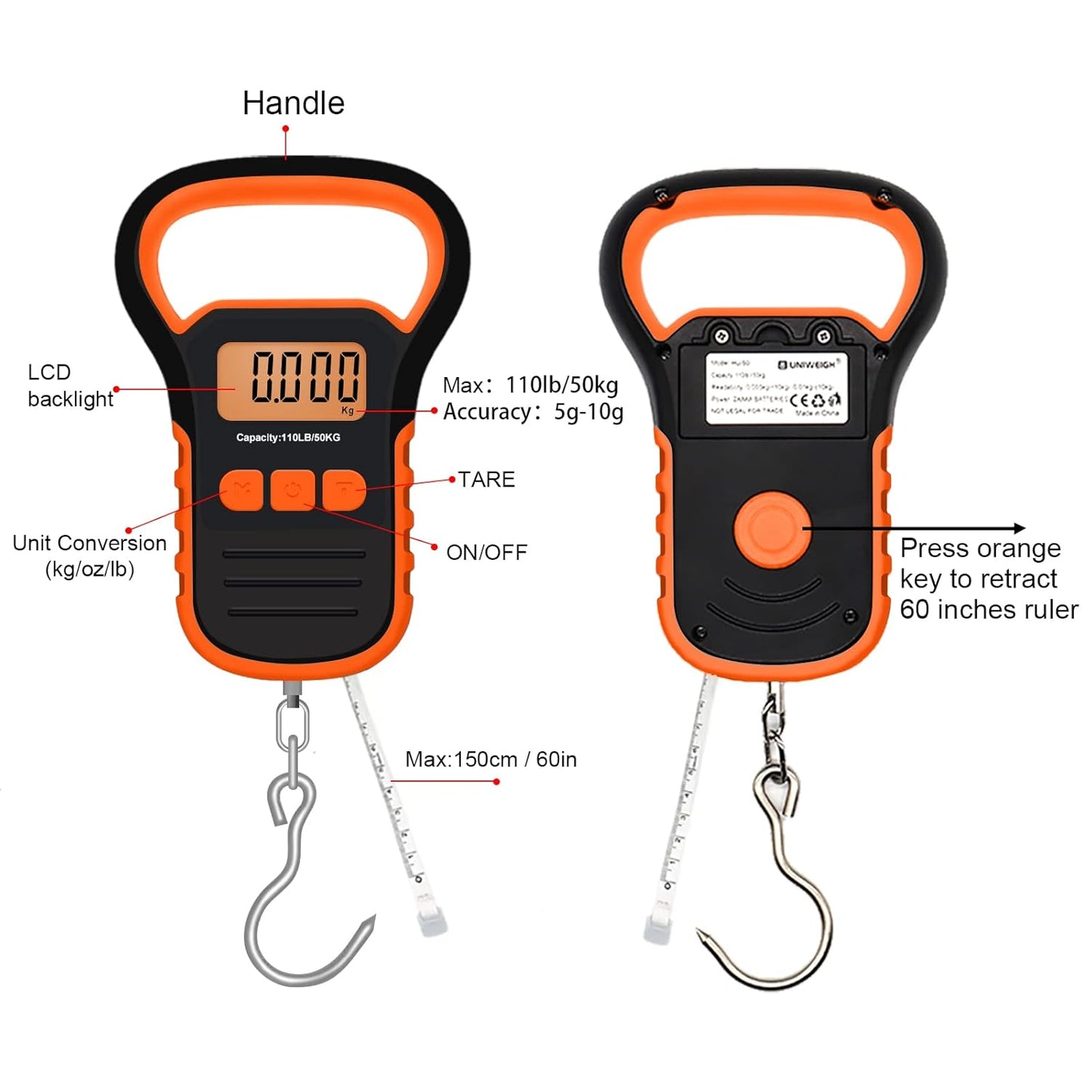 UNIWEIGH Digital Fish Scale Luggage Scale with Fish Lip Gripper, Backlight LCD Display 110lb/50kg Electronic Balance Digital Fishing Postal Hanging Hook Luggage Scale 2 AAA Batteries Included