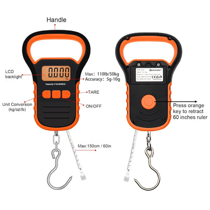 UNIWEIGH Digital Fish Scale Luggage Scale with Fish Lip Gripper, Backlight LCD Display 110lb/50kg Electronic Balance Digital Fishing Postal Hanging Hook Luggage Scale 2 AAA Batteries Included