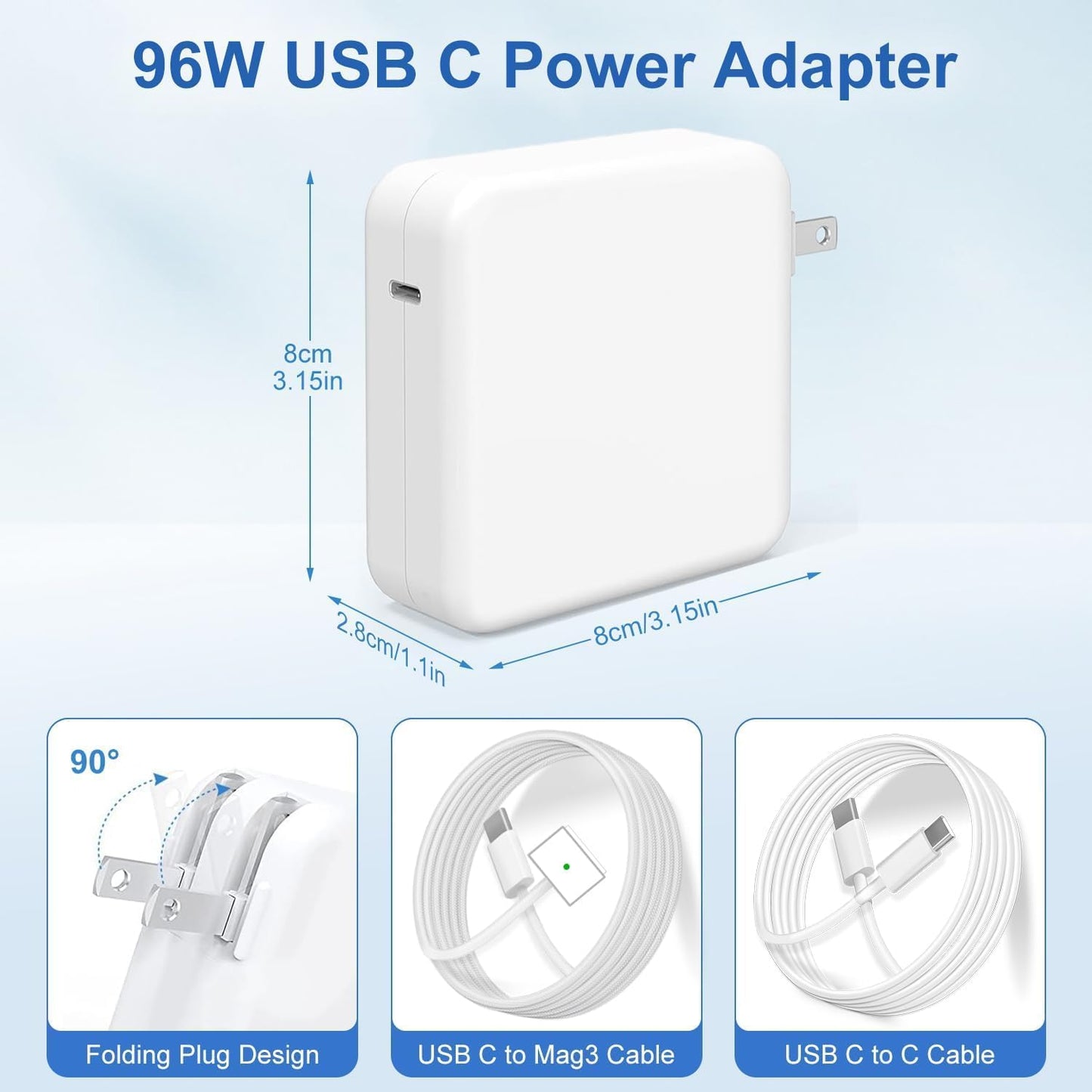 Mac Book Pro Charger 96W/70W USB-C to Mag 3 Power Adapter for Mac Book Pro Air 16,15,14,13 Inch M4 M3 M2 M1 from 2025 2024 2023 2022 2021 Fit All USB C Device Include 6.6ft USBC to Mag 3 Cable