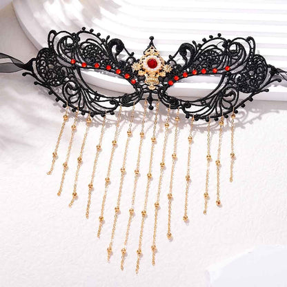 Obmyec Masquerade Lace Mask Costume Eye Mask Tassels Face Masks Rhinestone Black Mask for Women and Girls