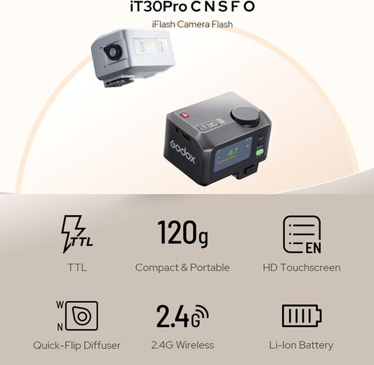 GODOX IT30Pro TTL Mini Camera Flash Light,Full-Color Touchscreen,2.4GHz X System,Built-in Diffuser and Battery (for Canon)