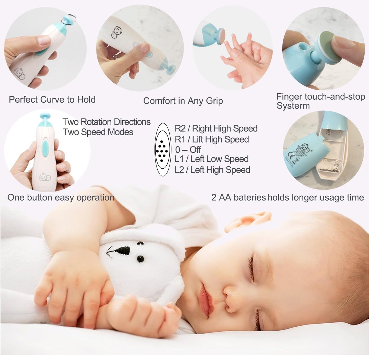 Royal Angels Rechargeable Baby Nail Clippers 20 in 1, Safe Electric Nail Trimmer, Baby Nail Kit, Additional Replacements, Newborn Toddler Toes and Fingernails, Trim and Polish (Rechargeable, Snow)