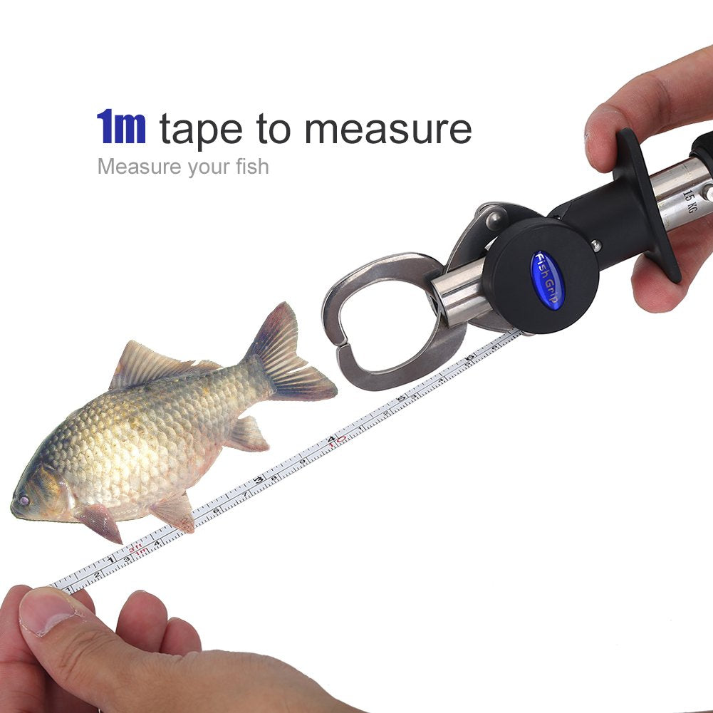 Fishing Gripper Fish Lip Grip Fish Grabber Fish Holder with 1M Tape Measure 15KG Weighting Scale Fishing Tackle Tool with Weight Scale