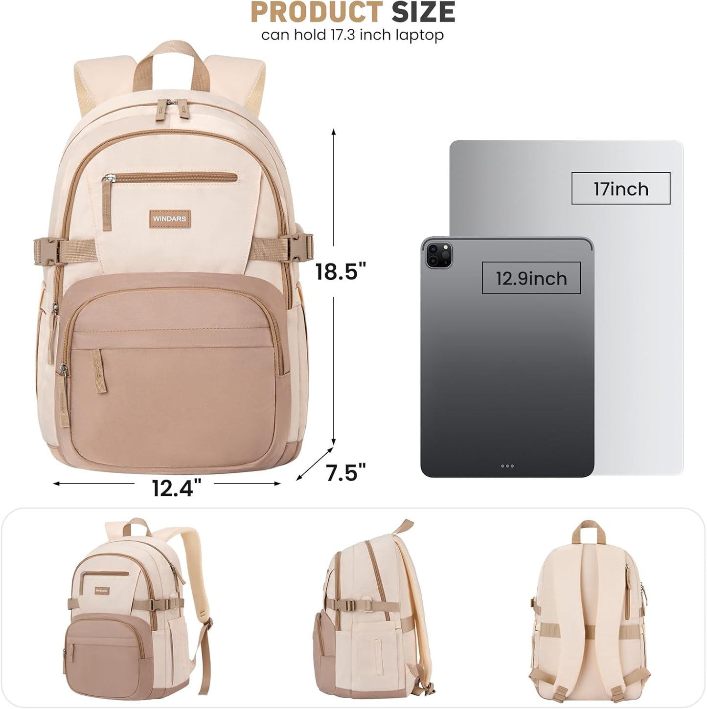 WINDARS Backpack for School Girls, Cute High School Backpacks for Teens Women Student Large Bookbag 15.6 Inch Laptop Bag with USB Charger Port for College Work Travel Trip (Beige Khaki)