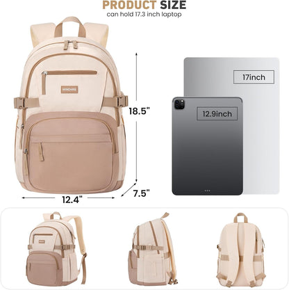 WINDARS Backpack for School Girls, Cute High School Backpacks for Teens Women Student Large Bookbag 15.6 Inch Laptop Bag with USB Charger Port for College Work Travel Trip (Beige Khaki)