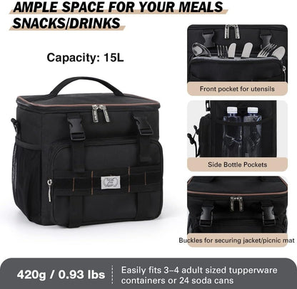 Lekebobor Tactical Lunch Bag for Men, Leakproof Large Insulated Lunch Box with Molle, Waterproof Cooler Bag for Adults Men Outdoor Picnic Travel Office, 24Can (15L), Black