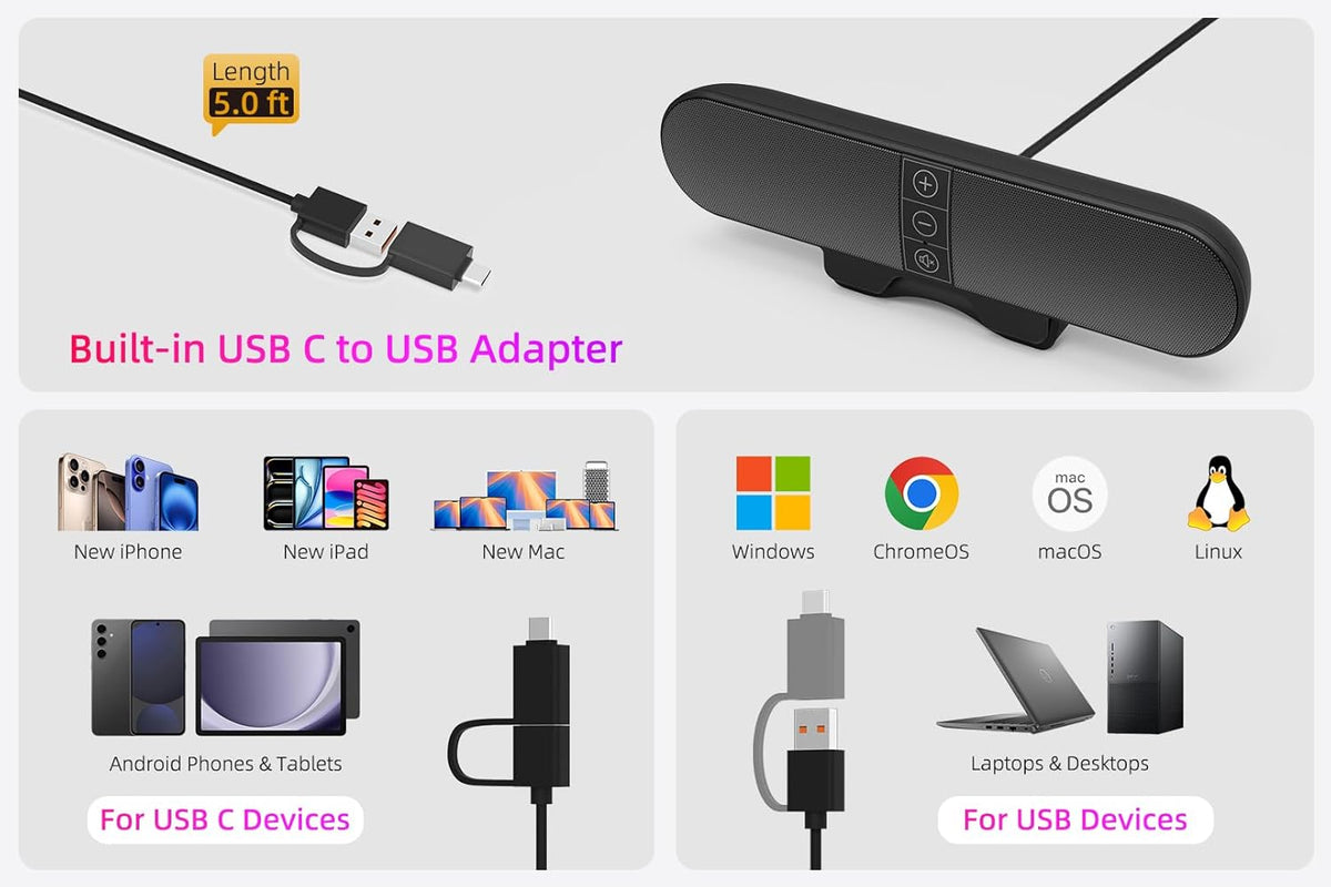 Computer Speakers for Desktop PC Monitor, USB Plug-in, Wired, Computer Soundbar for PC, Laptop Speakers with Adaptive-Channel-Switching, Loud Sound, Deep Bass, USB C Adapter, Easy to Clip on Monitor