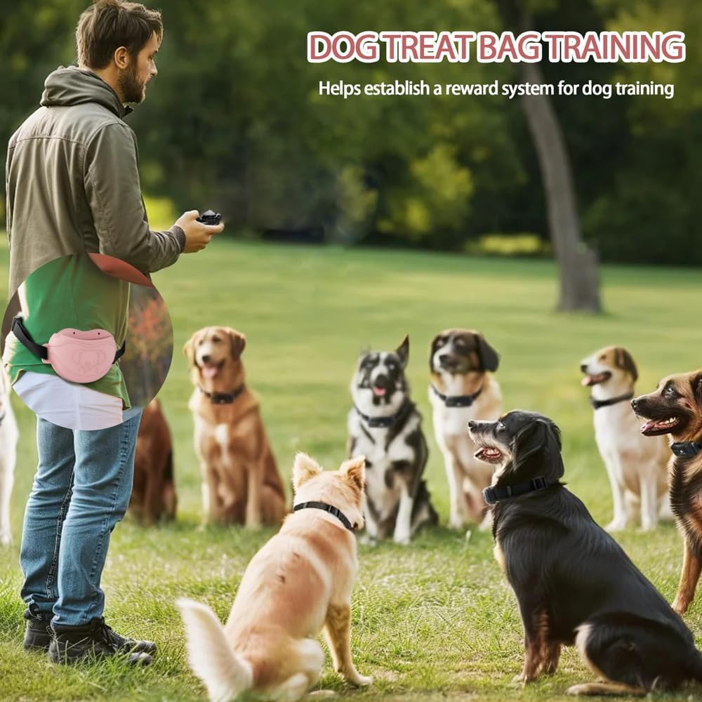 TUCANA Silicone Dog Treat Pouch for Pet Training – Upgraded 4 Strong Magnets Enhanced Magnetic Closure, Ease of Cleaning, Come with Adjustable Wasit Belt and Effective Dog Clicker (Pink)