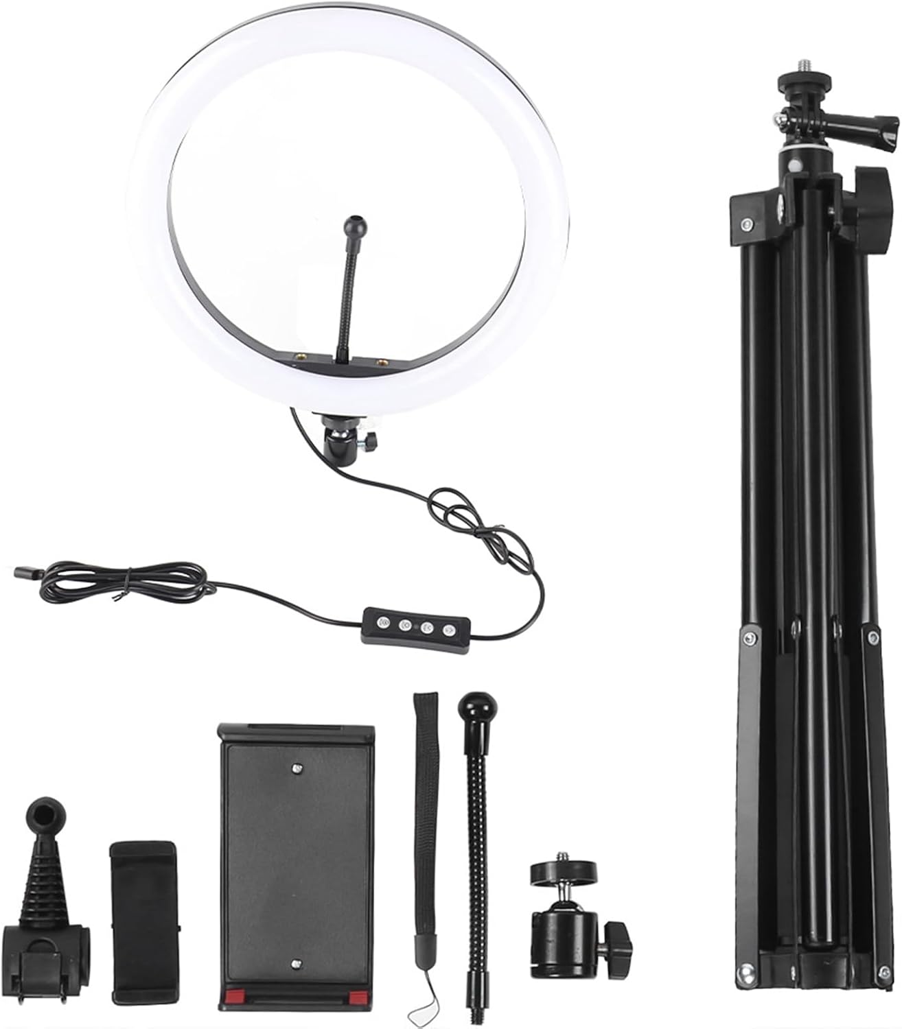 Dimmable LED Ring Light with Adjustable Tripod | Three color temperatures, 10 brightness levels, compatible with smartphones, used for photography, video