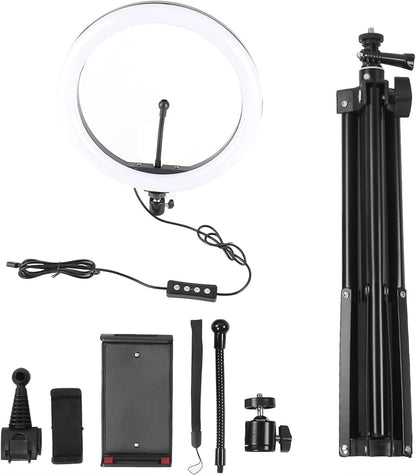 Dimmable LED Ring Light with Adjustable Tripod | Three color temperatures, 10 brightness levels, compatible with smartphones, used for photography, video