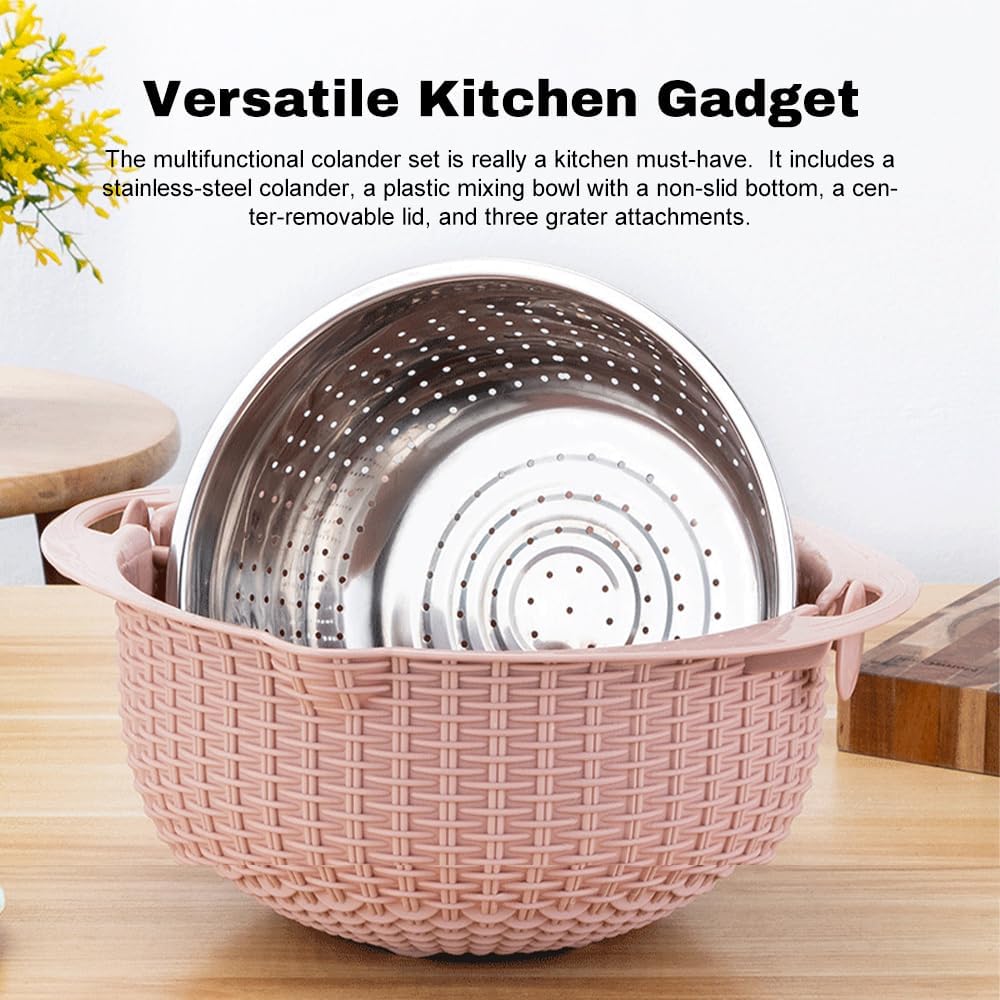 4 in 1 Colander with Bowl Set, Double Layer Fruit Cleaner, Salad Spinner, Rotatable Strainers, for Draining Cooked Pasta, Noodles,Vegetables, Fruits and Rice (Beige)