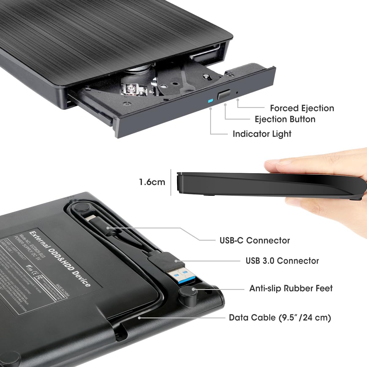 ROOFULL External CD DVD Drive for Laptop & Mac with Case, USB 3.0 Type-C Portable CD DVD Player Burner Reader Writer ROM +/-RW Optical Drive for MacBook, Desktop PC, Windows 11/10/7, Linux, ECD829-Y