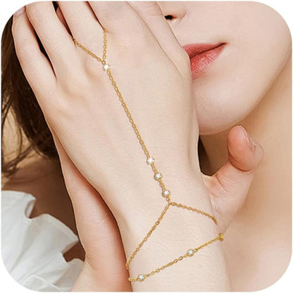 Hand Chain Ring Bracelet For Women, 14k Gold Plated Dainty Cubic Zirconia Minimalist Finger Ring Bracelet, Trendy Stuff Jewelry Gifts To Wife Girfriend Daughter Sister BBF, 17.5cm/7.5cm