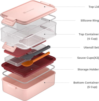 Linoroso Stackable Bento Box Adult Lunch Box | Meet All You On-The-Go Needs for Food, Salad and Snack Box, Premium Bento Lunch Box for Adults Include Utensil Set, Dressing Containers - Pale Mint