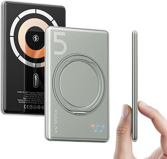 Power Bank Mag-Safe 5000mAh, Magnetic Wireless Power Bank, Mag-Safe Portable Charger Powerbank with Folding Swivel Stand Compatible with iPhone 16/15/14/13/12 Plus/Pro/ProMax - Titanium