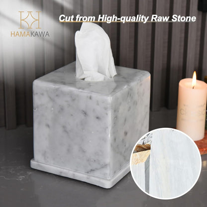 HAMAKAWA Natural Marble Tissue Box Cover, Carrara White Tissue Organizer 6 Inch, Heavy Stone Decorative Box, Square Tissue Box Holder for Home Decor, Kitchen, Bathroom, Bedroom