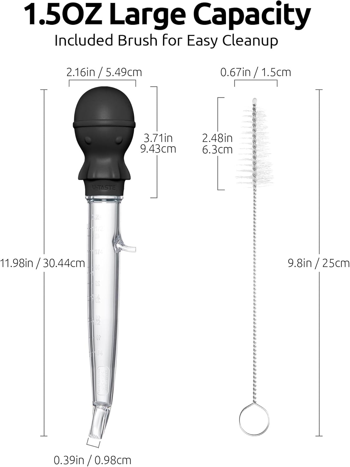 U-Taste 1.5oz Angled Turkey Baster - 228.2ºF Heat Resistant Food Grade Silicone Large Octopus Bulb Baster Set with Cleaning Brush for Cooking Basting Meat Poultry Beef Chicken (Black)