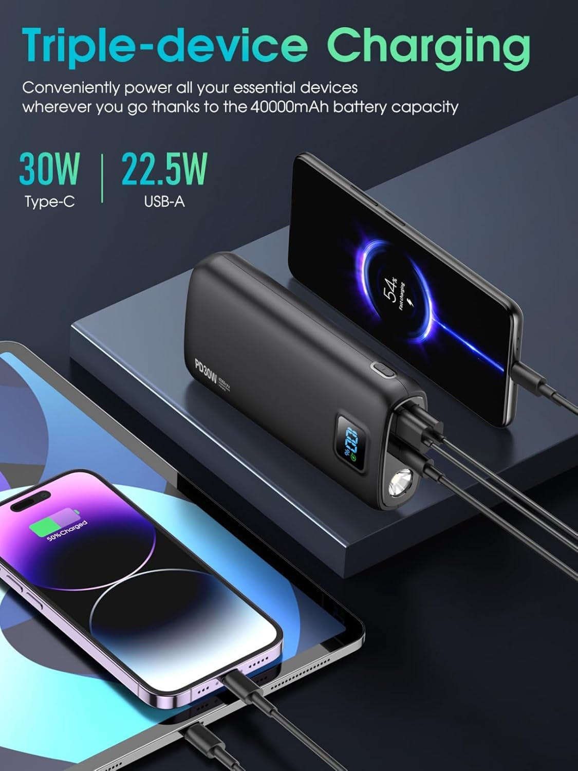 Portable Charger with Built in Cable Power Bank 40000mAh PD 30W Fast Charger Battery Pack Built-in Type-C/iOS Cable and Flashlight Compatible with iPhone Samsung Google iPad etc