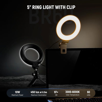 NEEWER BASICS 5" Ring Light for Video Conference Lighting, Clip on Light Kit with Desk Tripod for Monitor Laptop Computer Zoom Call Live Streaming Remote Working Learning Video Recording, BR60