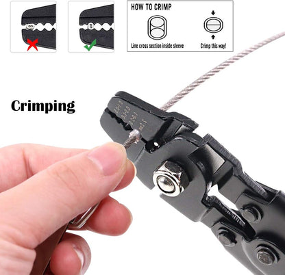 Glarks Up to 2.2mm Wire Rope Crimping Tool Wire Rope Swager Crimper Fishing Crimping Tool with 180Pcs 1.2/1.5/2mm Aluminum Double Barrel Ferrule Crimping Loop Sleeve Kit